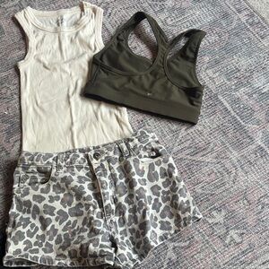 Leopard Print Shorts with Cream Tank and Olive Sports Bra